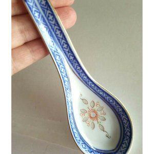 Vintage Porcelain Tienshan rice flower Spoon China, marked blue white red gold